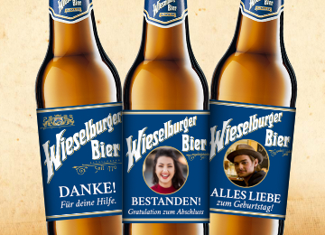 Personalisierte Bieretiketten auf Wieselburger Flaschen