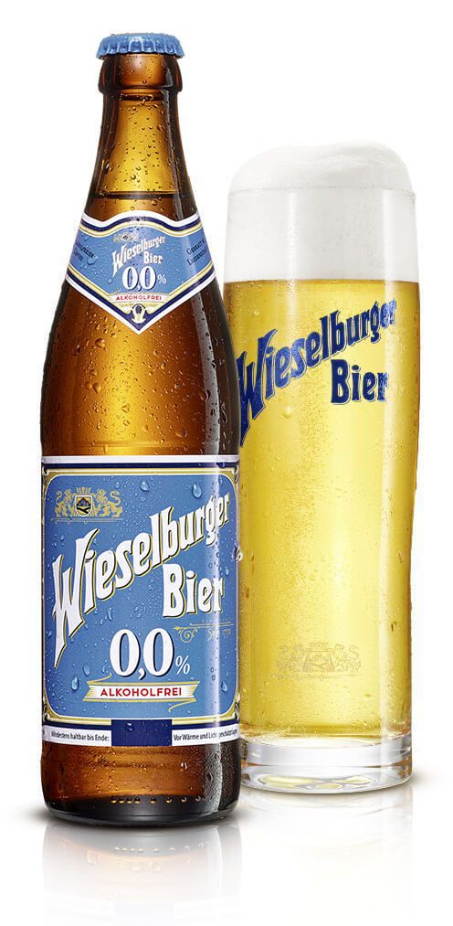 Wieselburger 0,0% alkoholfrei-Flasche und Glas